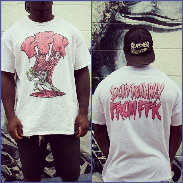 White FFK t-shirt with graphic design on front and text on back
