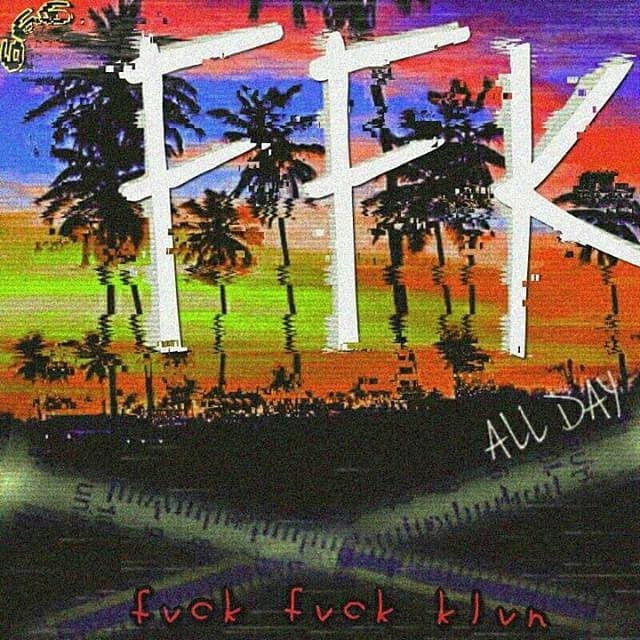 FFK ALL DAY graphic art with palm trees, needles, and colorful gradient background. 