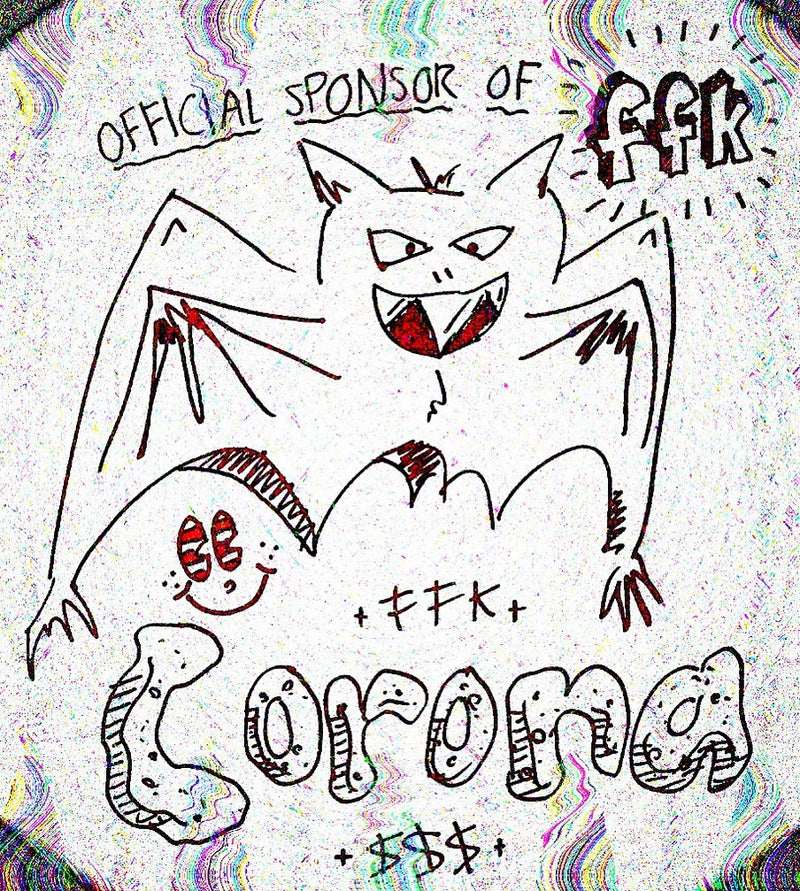 Cartoonish bat character with text 'Official Sponsor of FFK' and 'Corona' on a colorful background
