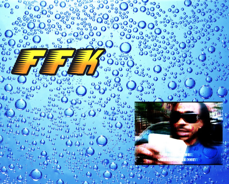 Blue water droplet background with 'FFK' logo and inset photo of a person wearing sunglasses (Max B)