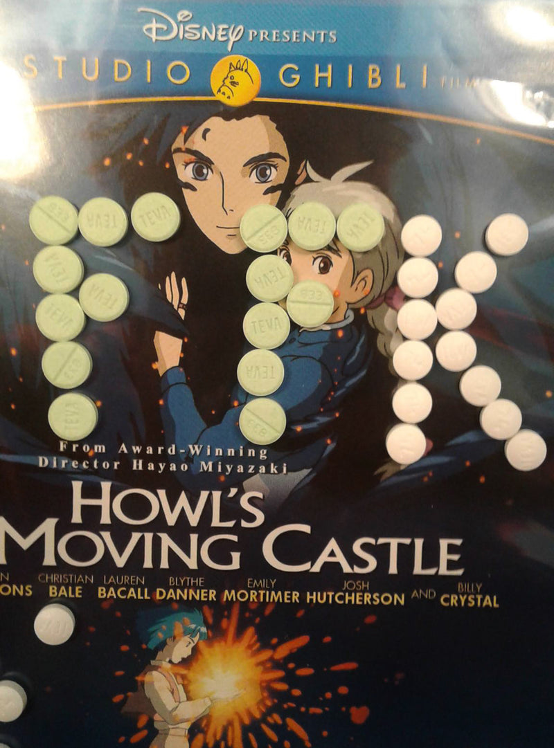 DVD for 'Howl's Moving Castle' with pills in shape of FFK