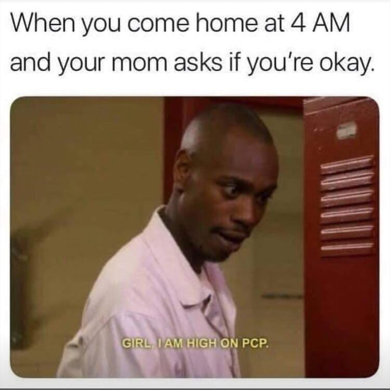 Meme with dave chappelle looking concerned, text above him reads 'When you come home at 4 AM and your mom asks if you're okay. Girl, I am high on PCP.