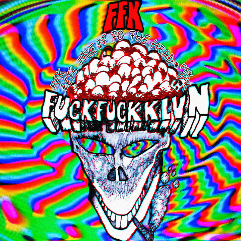 Colorful abstract design with FFK text and a skull-like face smoking on a multicolored trippy spiral background.