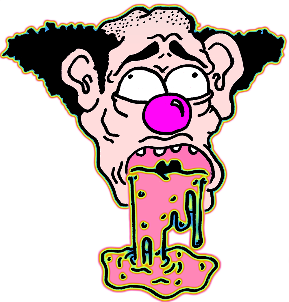 Cartoon character clown with a pink nose and throwing up pink clown vomit