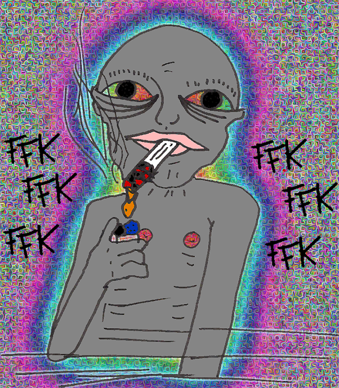 Illustration of a gray alien-like figure with colorful text and smoking on a multicolored background