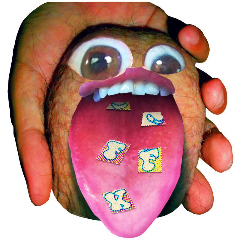 Ball with a tongue sticking out, decorated with LSD tabs on the tongue