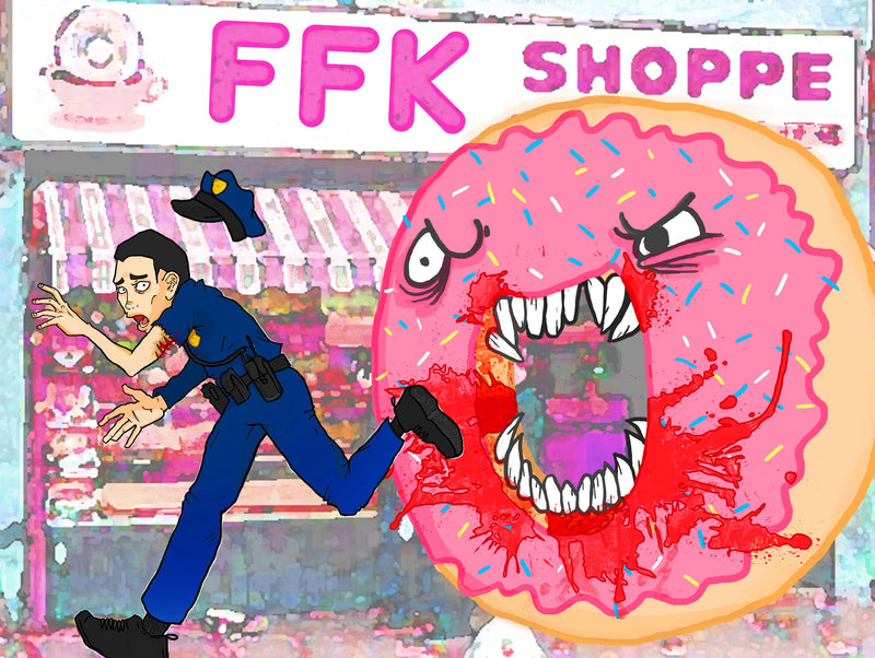Cartoon police officer running from a large, angry pink donut with a mouth full of teeth in front of a store named 'FFK Shoppe'.