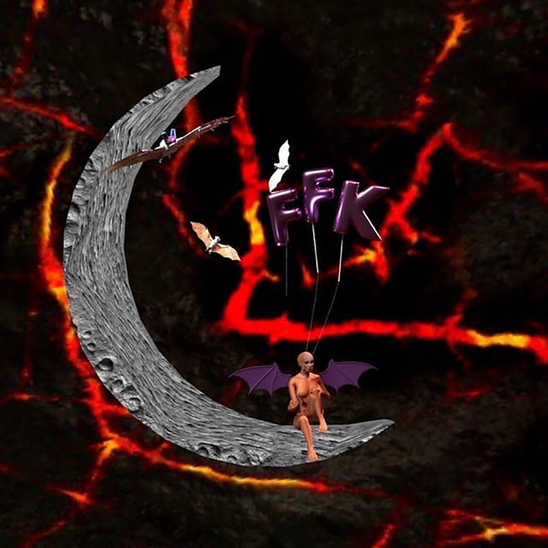 Lady with bat wings sitting on a crescent moon against a fiery background with 'FFK' text.