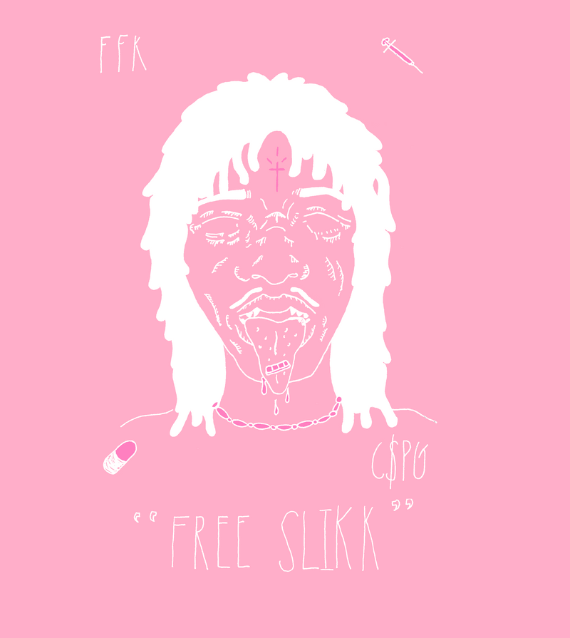White outline of a person with dreadlocks on a pink background with text 'Free Slikk'.