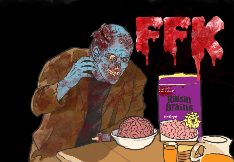Cartoonish zombie character with a bowl of brains and a box labeled 'Raisin Brains' on a dark background.